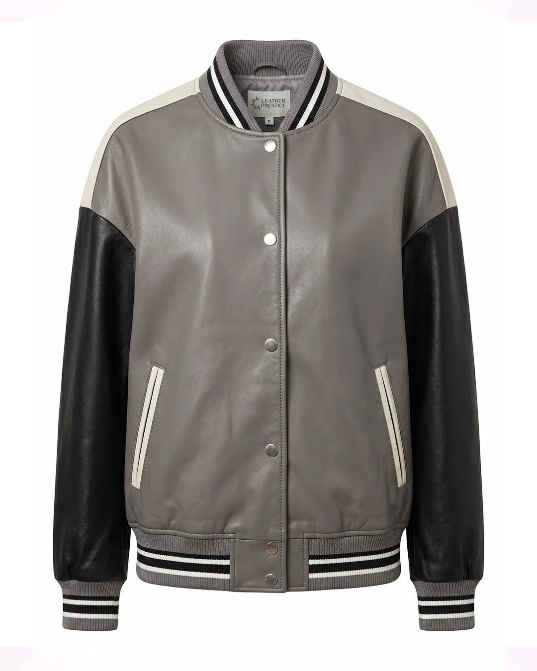 Gray and black varsity jacket with white accents on a white background