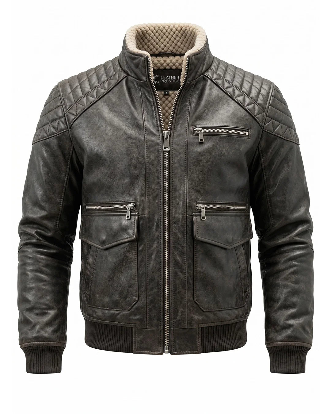 Black leather jacket with quilted shoulder design on a white background