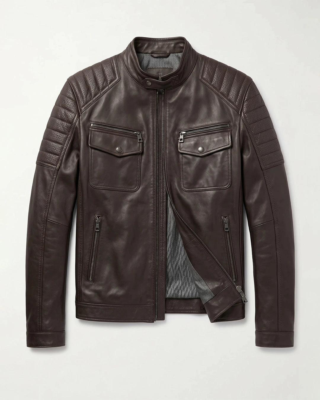 Brown leather jacket on a light gray background