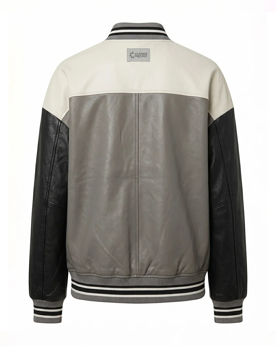 Back view of a varsity jacket with leather sleeves on a white background