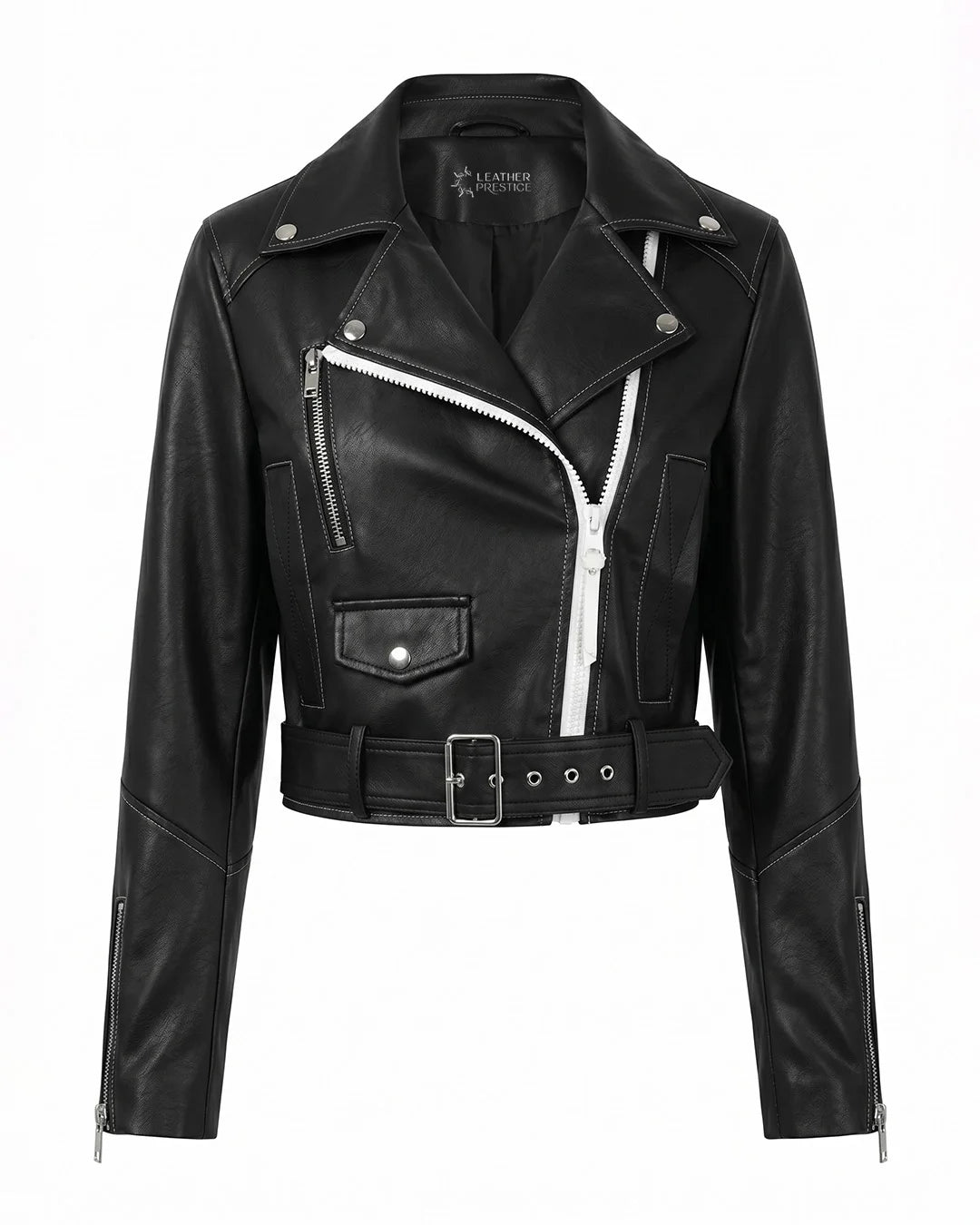Black leather jacket with white zipper on a white background
