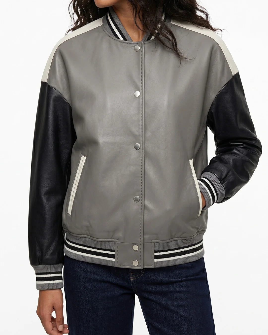 Women's Grey and Black Leather Varsity Jacket - Image 1