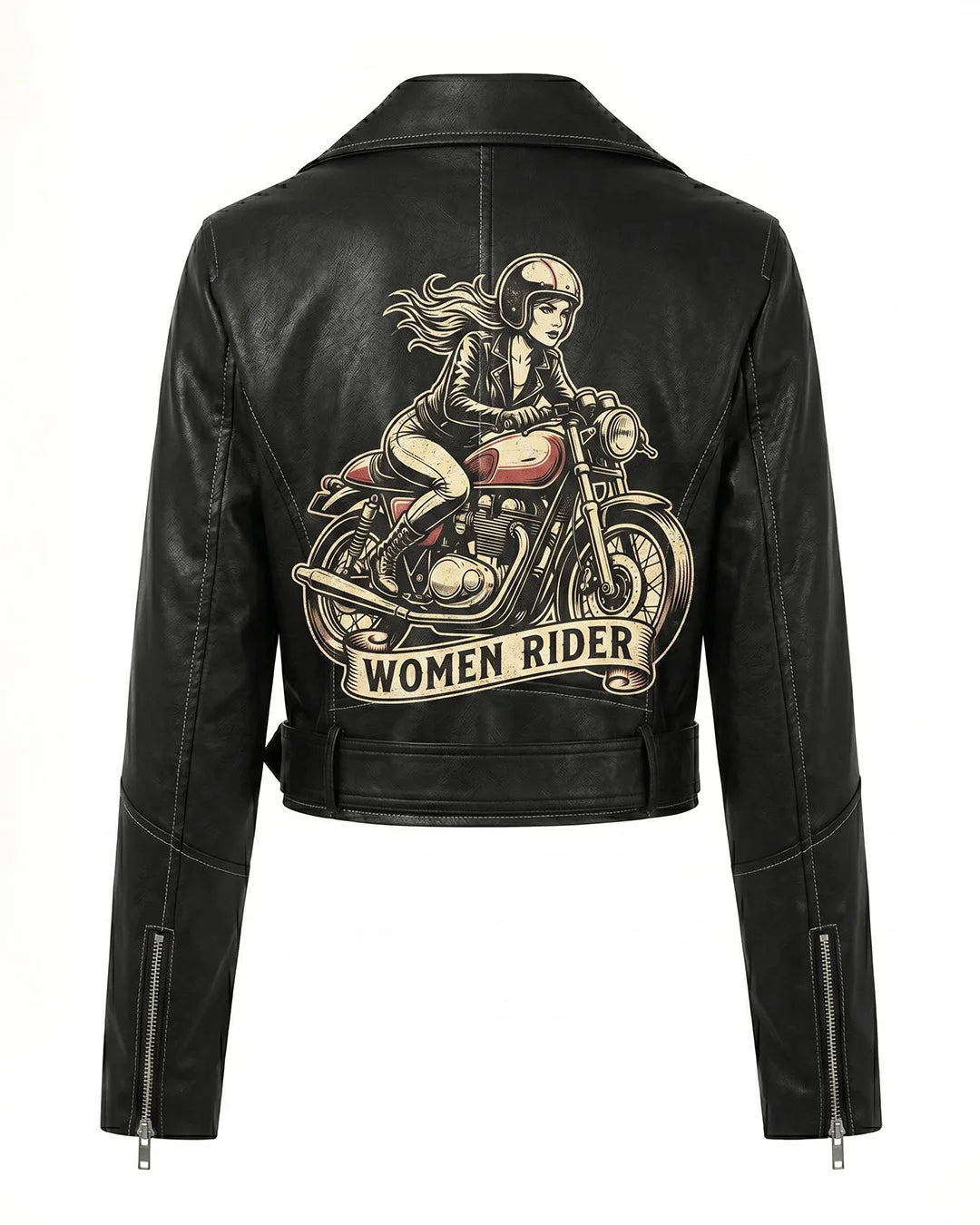 Black leather jacket with 'Women Rider' graphic on the back