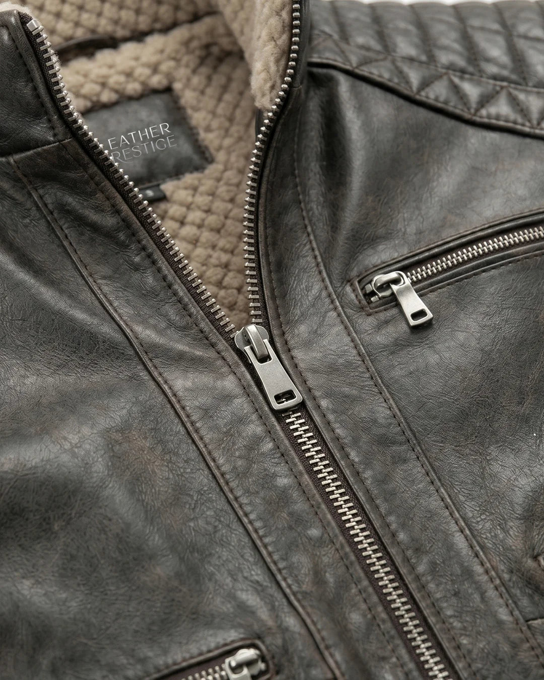 Close-up of a dark leather jacket with a zipper, featuring the brand 'Fether & Stone'.