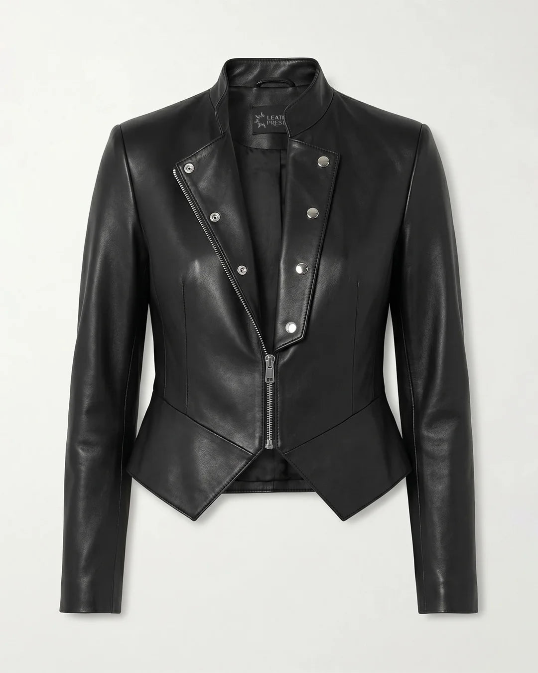 Black leather jacket with silver buttons on a white background