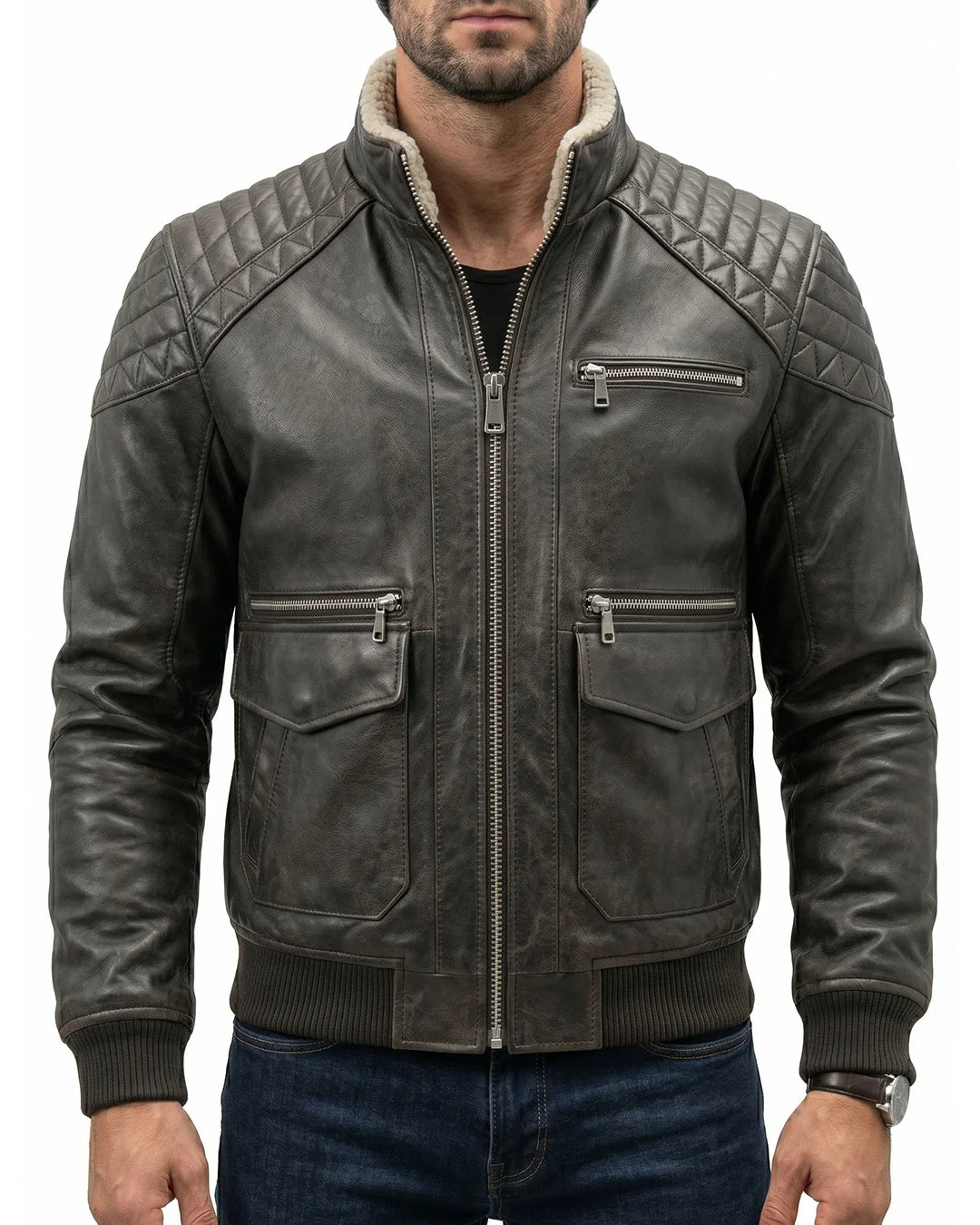 Men's Grey Leather Bomber Jacket with Shearling Collar - Image 1