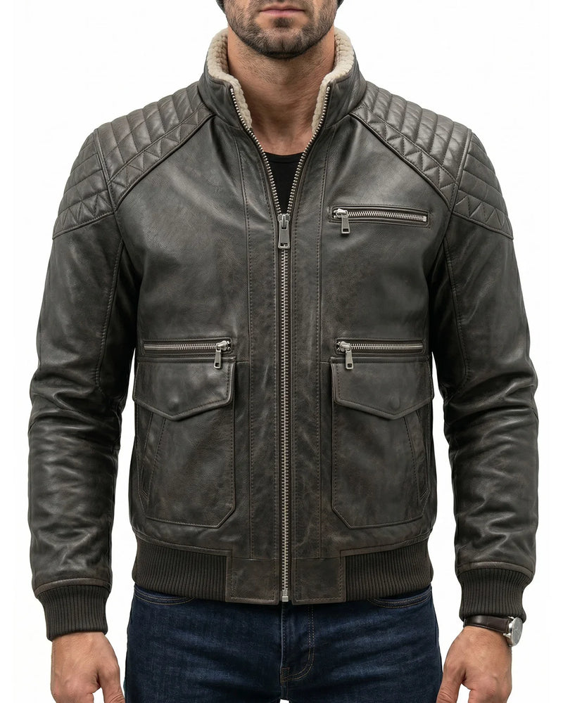 Men's Grey Leather Bomber Jacket with Shearling Collar - Image 1