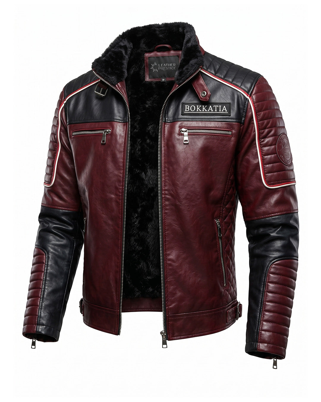 Maroon and black leather jacket with visible brand logo on a white background