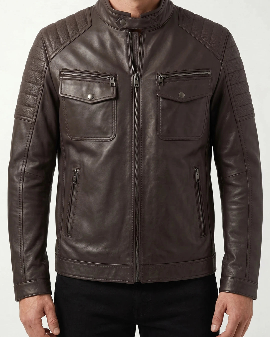 Men's Dark Brown Quilted Leather Cafe Racer Jacket - Image 1