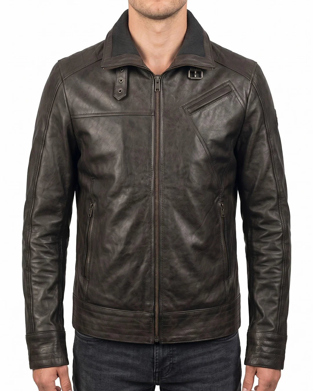 Men's Dark Brown Zip-Up Real Leather Jacket - Image 1