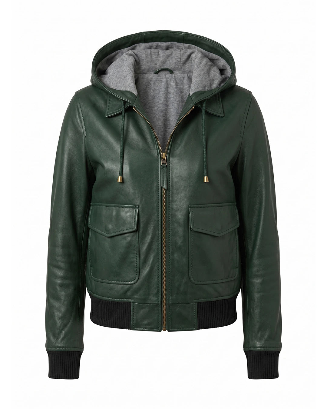 Green leather jacket with a hood on a white background