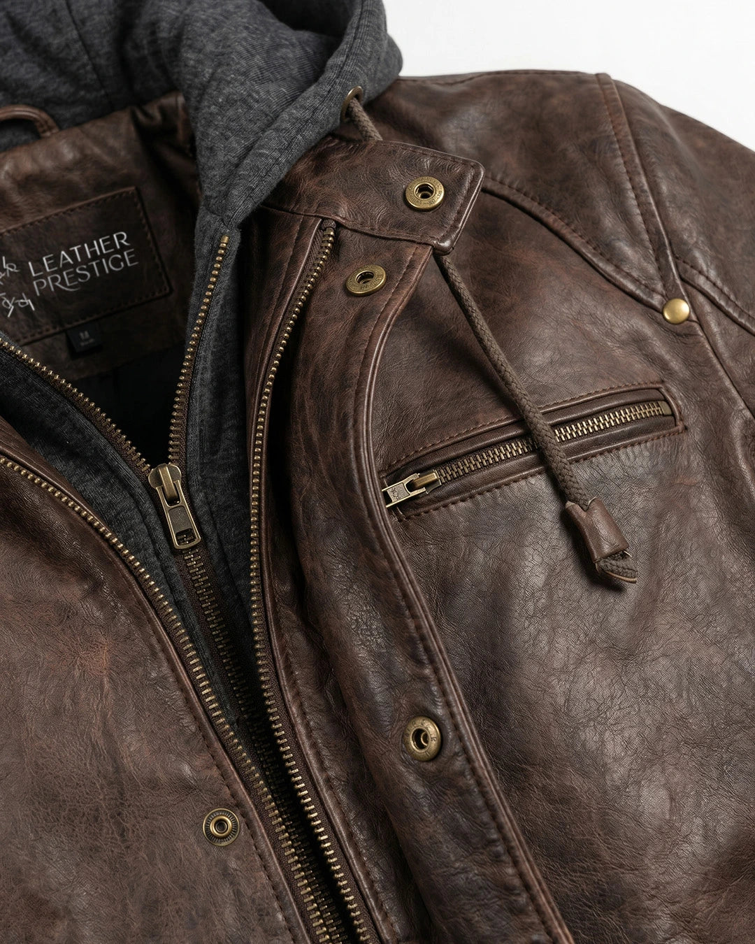 Close-up of a brown leather jacket with visible branding on a neutral background