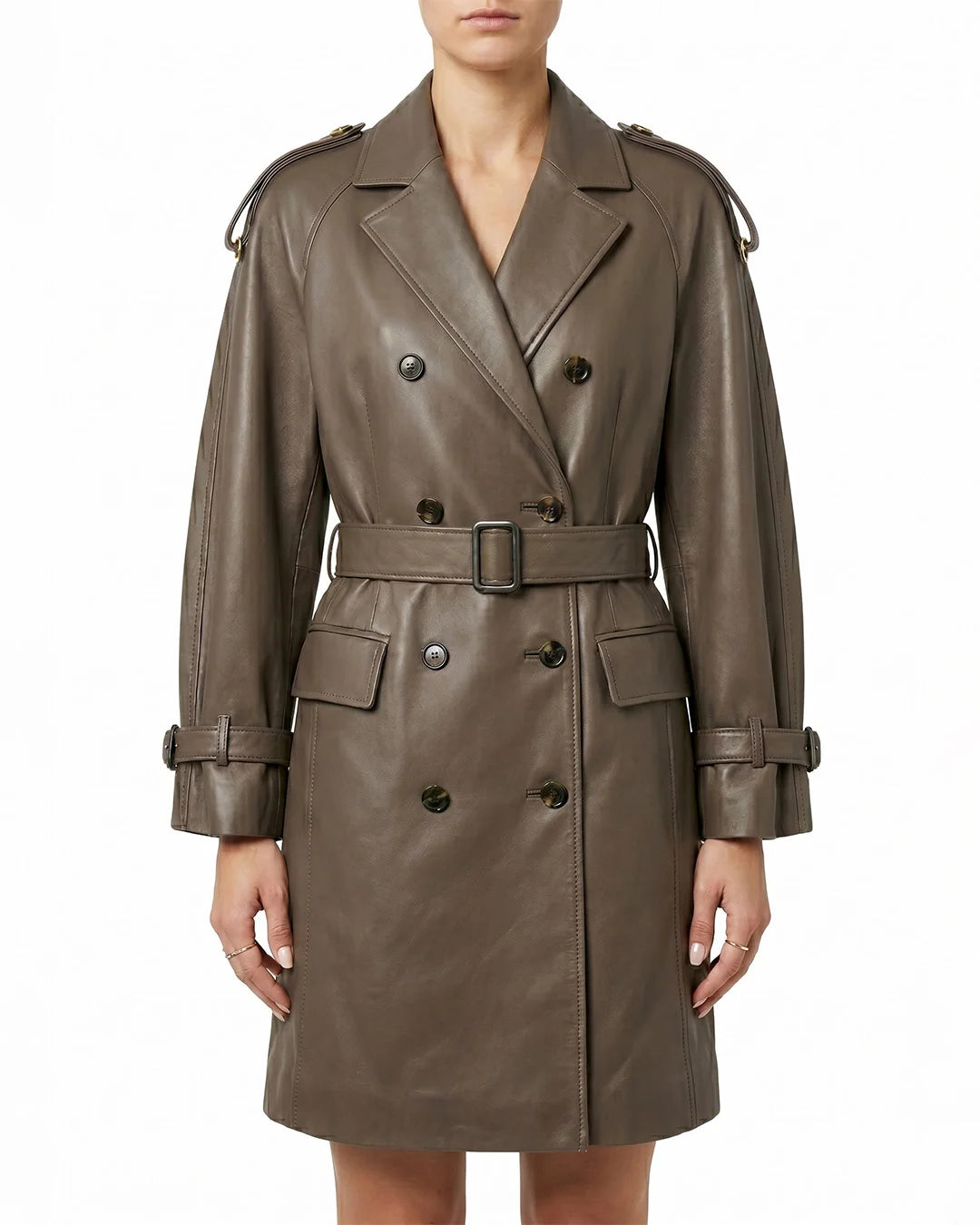 Women's Taupe Belted Button Leather Jacket - Image 1