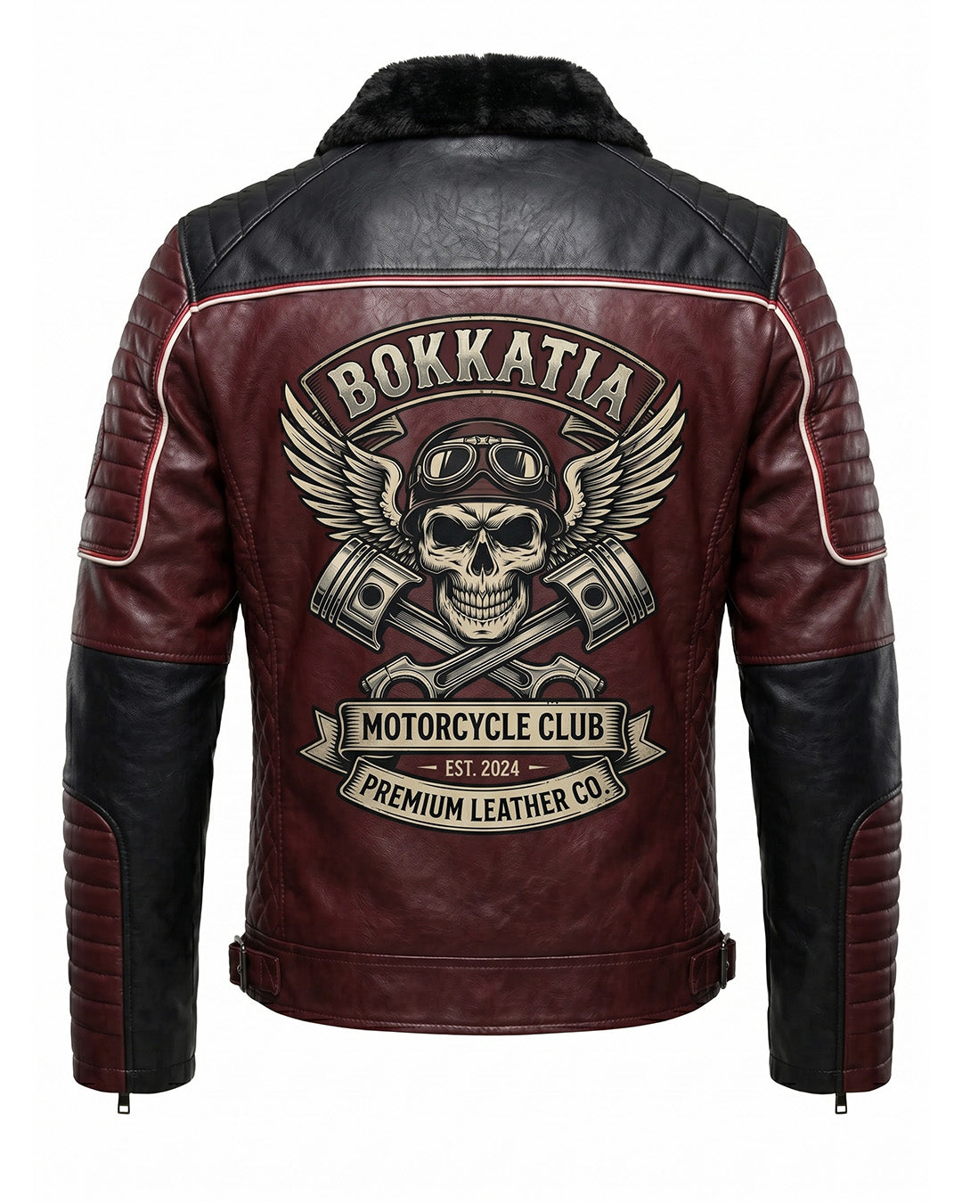 Brown leather jacket with skull and crossbones design and 'Bokkatia Motorcycle Club' branding on a white background.
