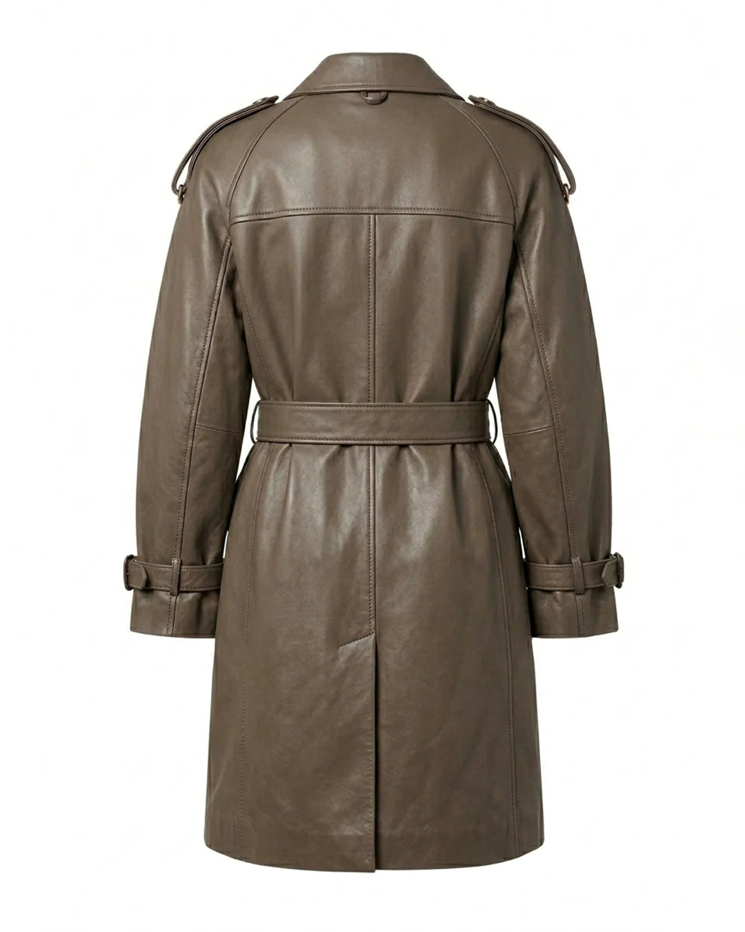 Brown leather trench coat on a white background