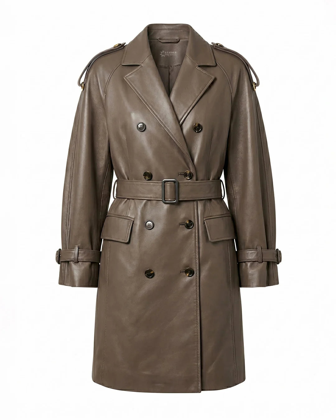 Brown leather trench coat on a white background