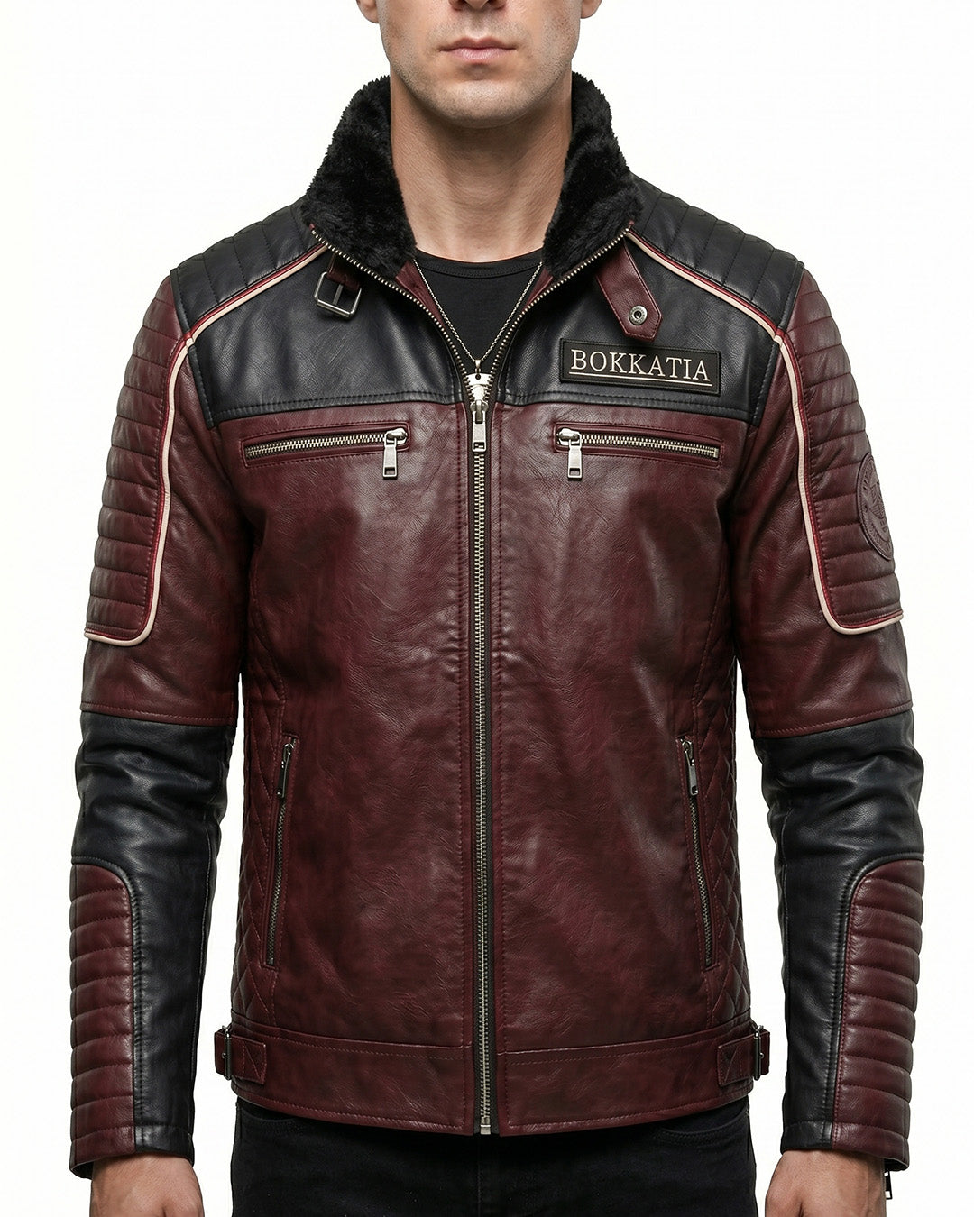 Men's Burgundy Black Two Tone Leather Biker Jacket - Image 1