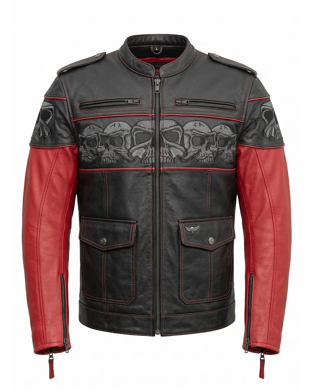 Black and red leather jacket with skull designs on a white background