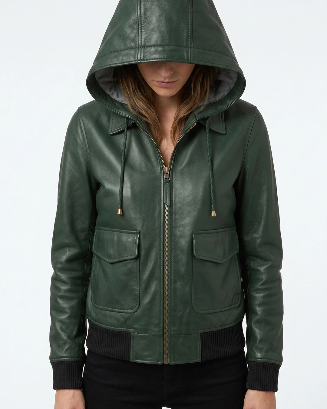 Women's Green Hooded Leather Bomber Jacket - Image 1