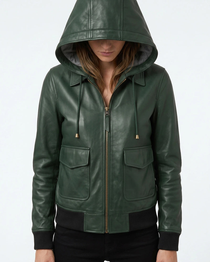 Women's Green Hooded Leather Bomber Jacket - Image 1
