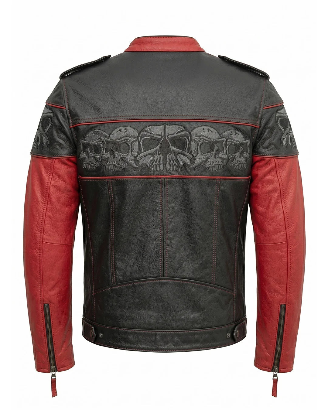 Black and red leather jacket with skull designs on a white background