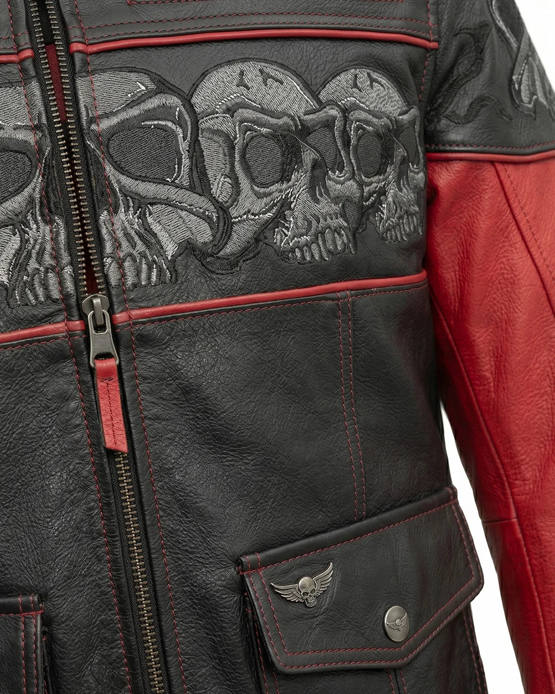 Black leather jacket with skull designs and red accents on a white background