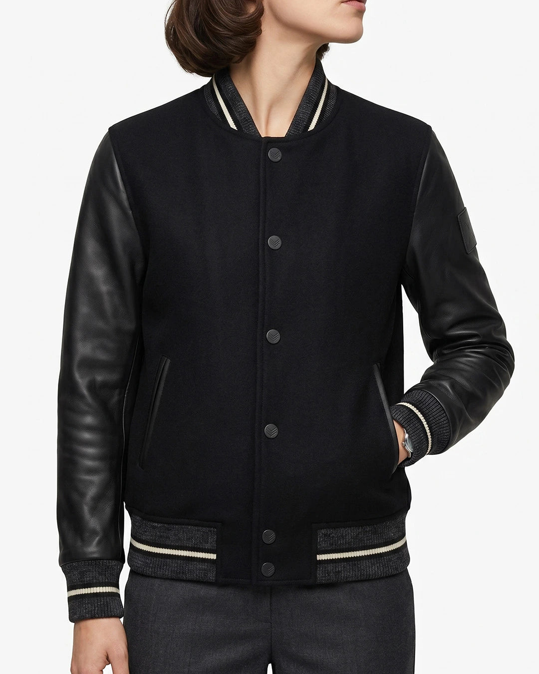Women's Black Wool Leather Sleeve Varsity Jacket - Image 1