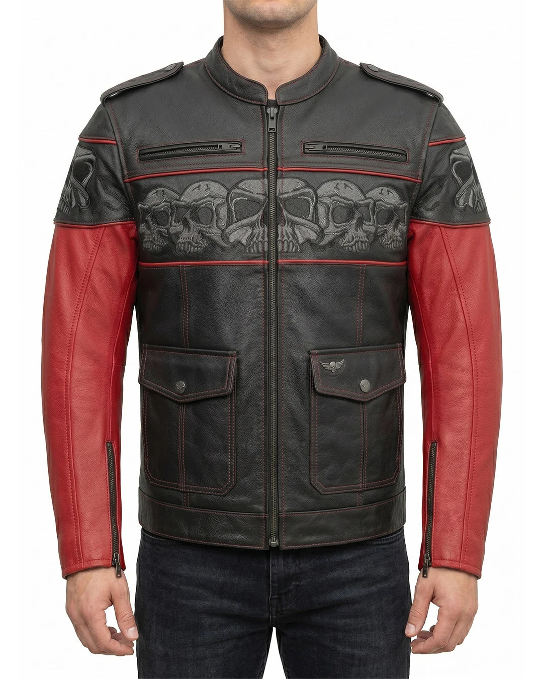 Men's Black Red Skull Embossed Leather Biker Jacket - Image 1