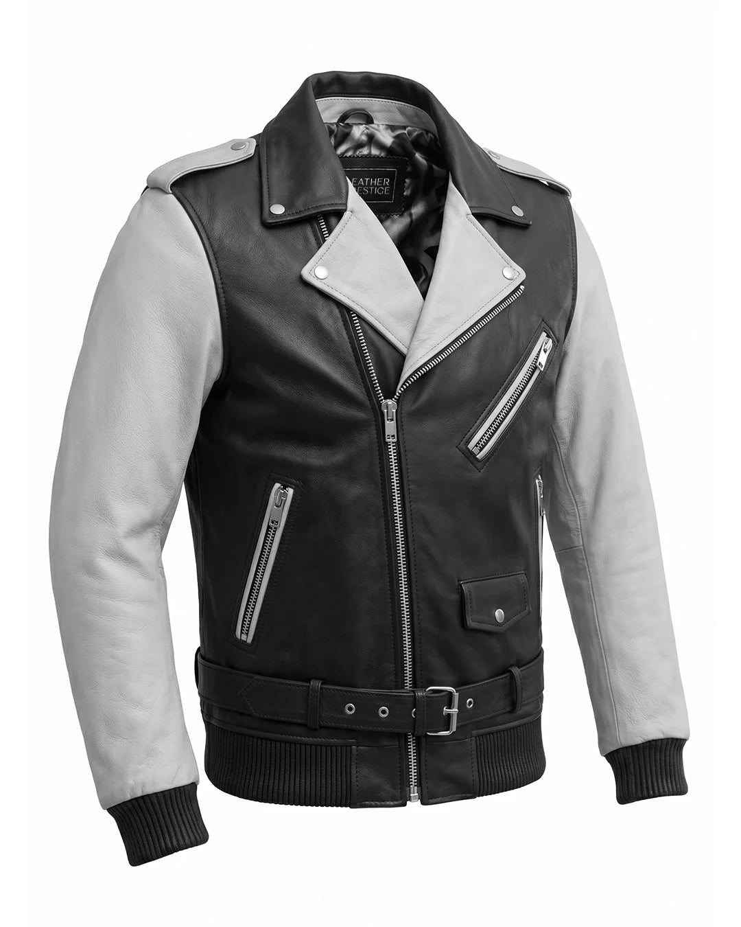 Black and gray leather jacket with zippers on a white background