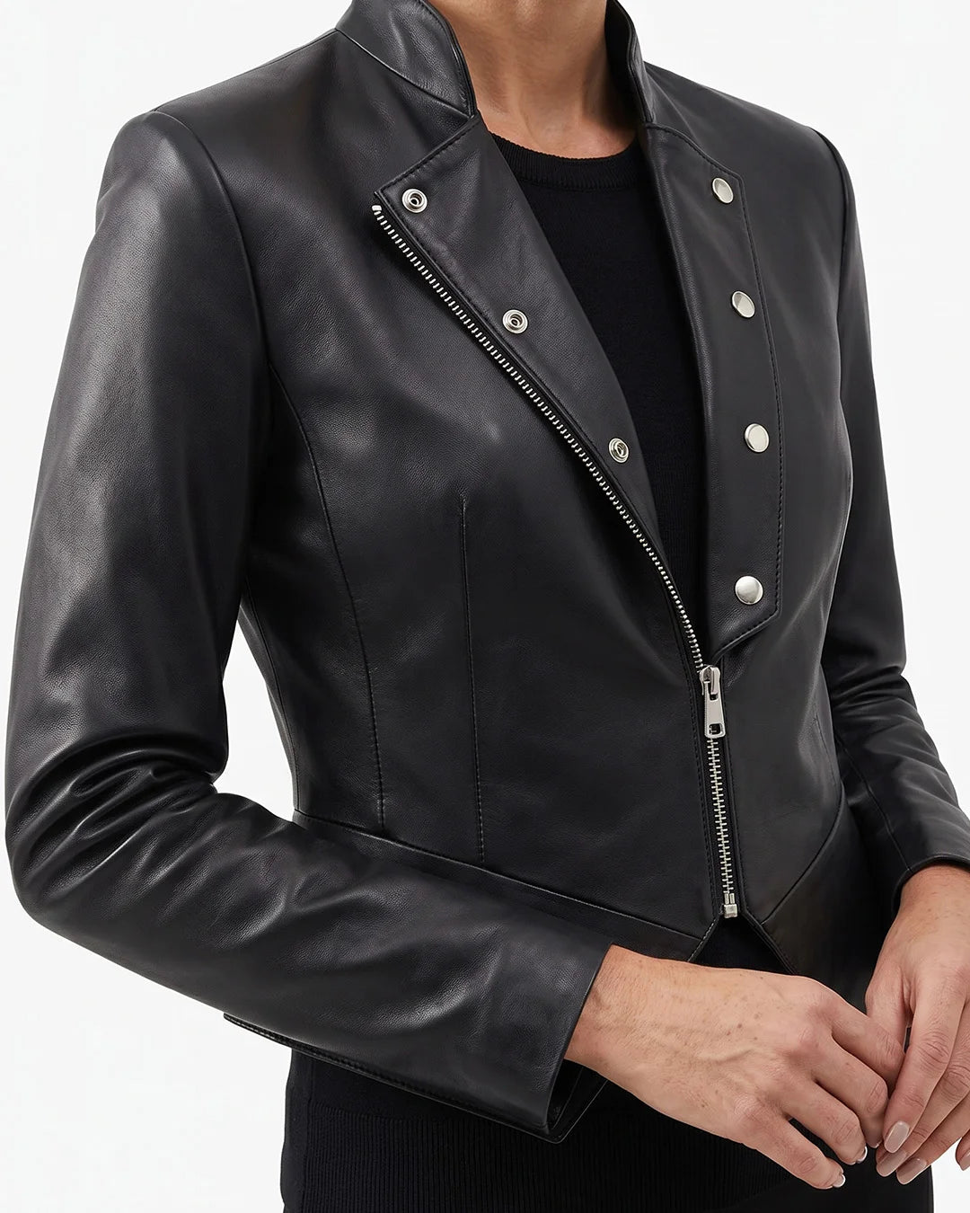 Women's Black Collarless Snap Button Leather Jacket - Image 1