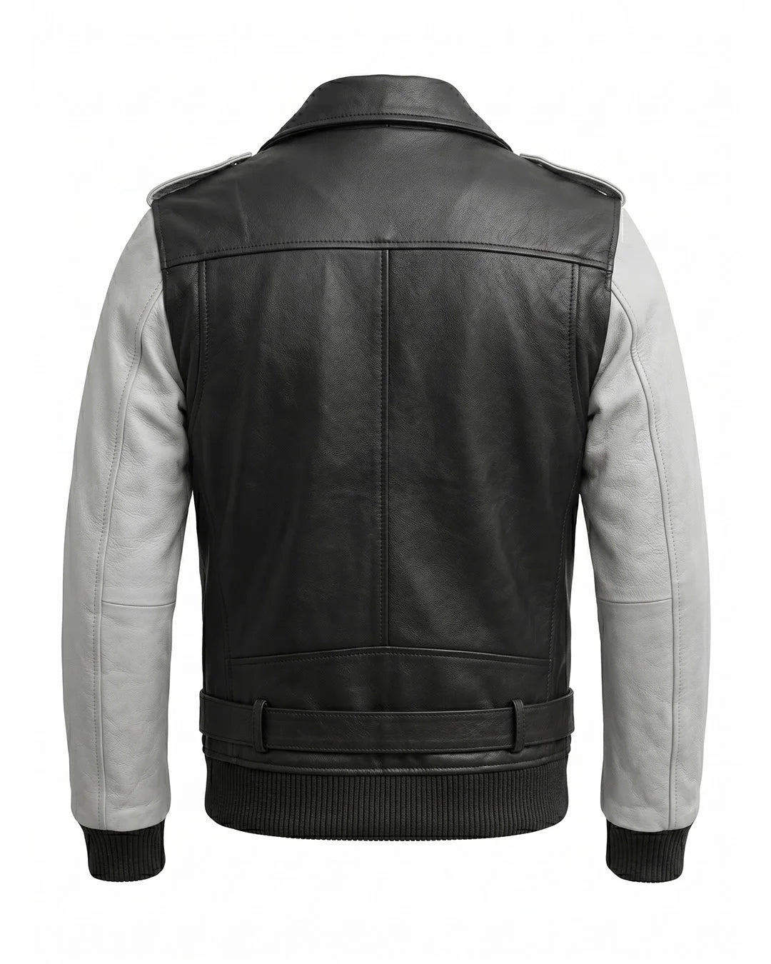 Black and gray leather jacket on a white background