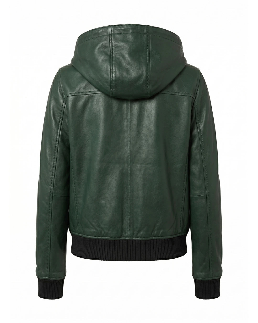Green leather jacket with a hood on a white background