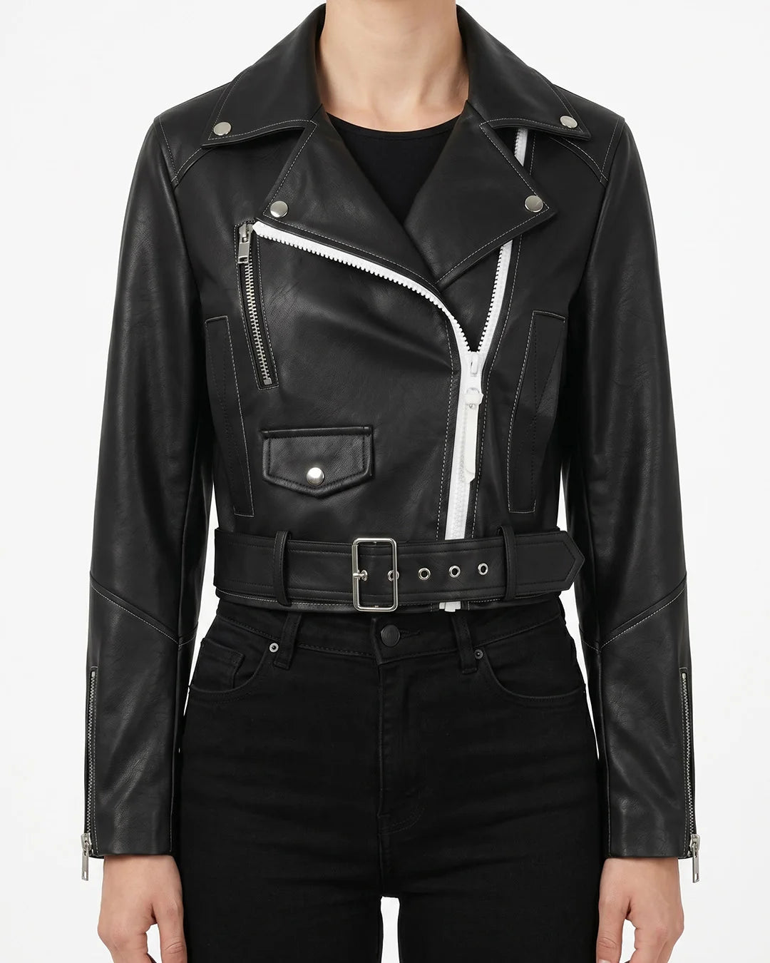 Women's Black Cropped Belted Leather Biker Jacket - Image 1
