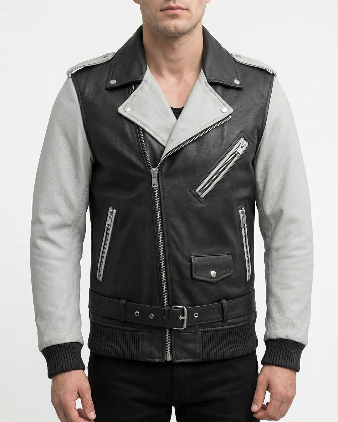 Men's Black Grey Tone Leather Biker Jacket - Image 1