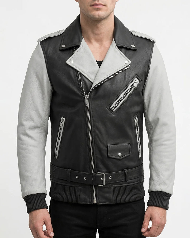 Men's Black Grey Tone Leather Biker Jacket - Image 1