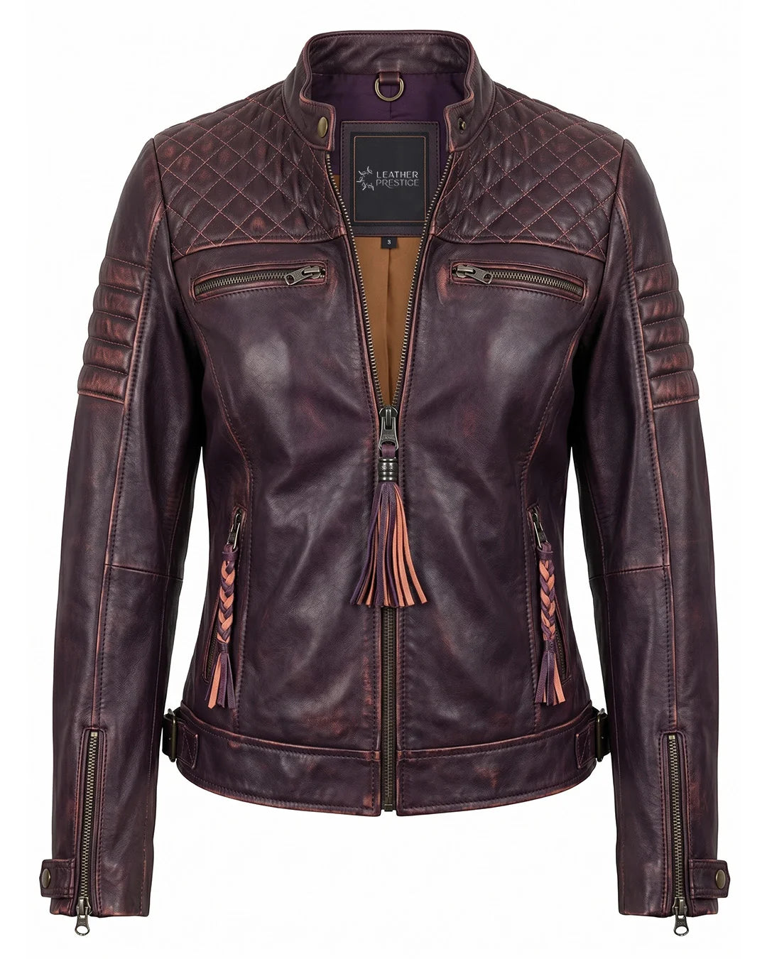 Brown leather jacket with quilted design and braided details on a white background