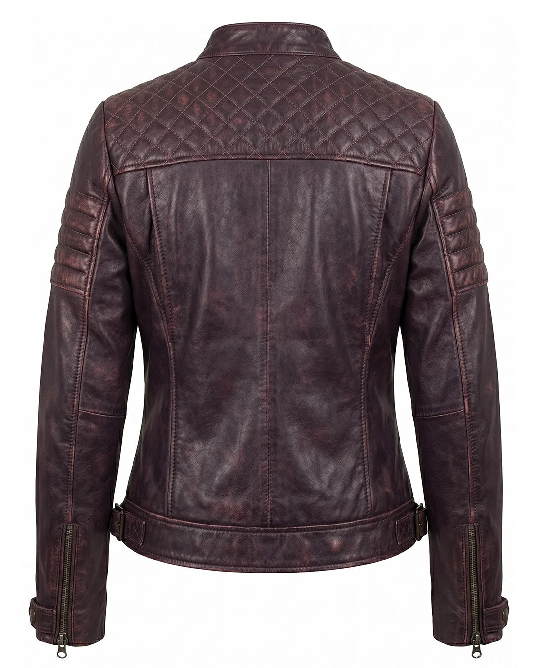 Brown leather jacket with quilted back design on a white background