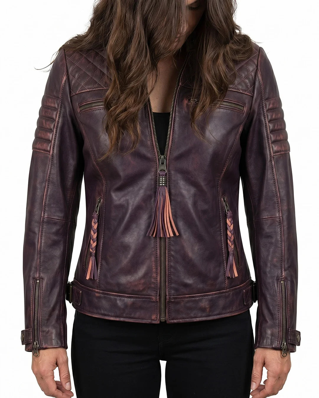 Women's Burgundy Quilted Distressed Leather Biker Jacket - Image 1