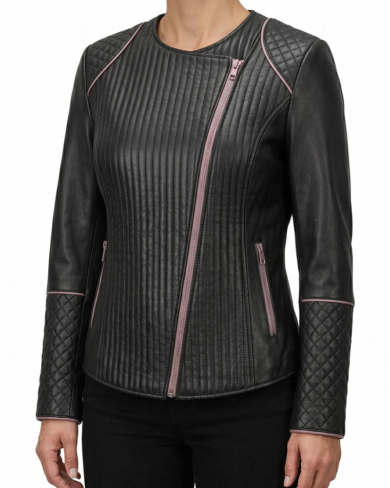 Women's Black Quilted Leather Biker Jacket with Pink Zip - Image 1