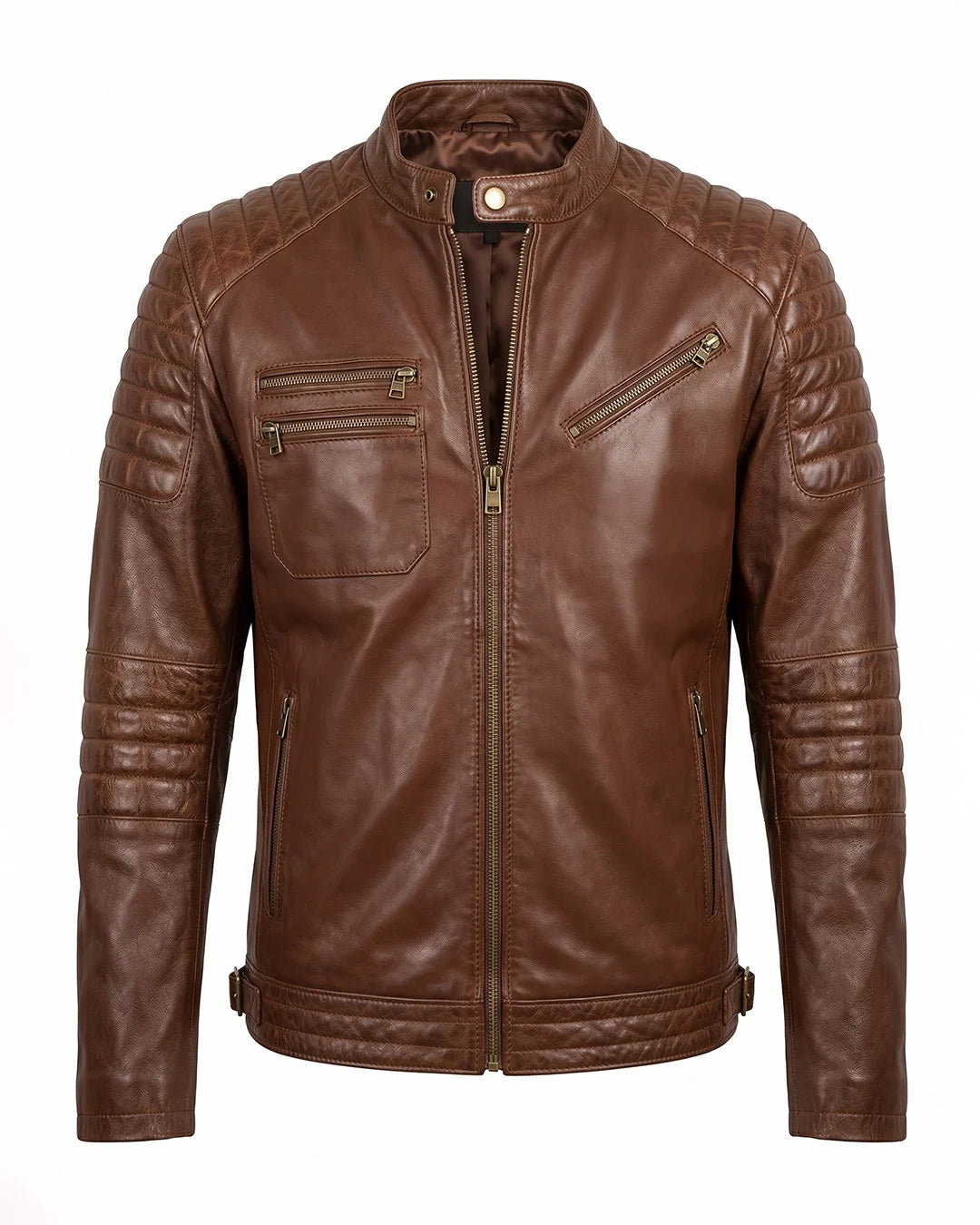 Brown leather jacket with zippers on a white background