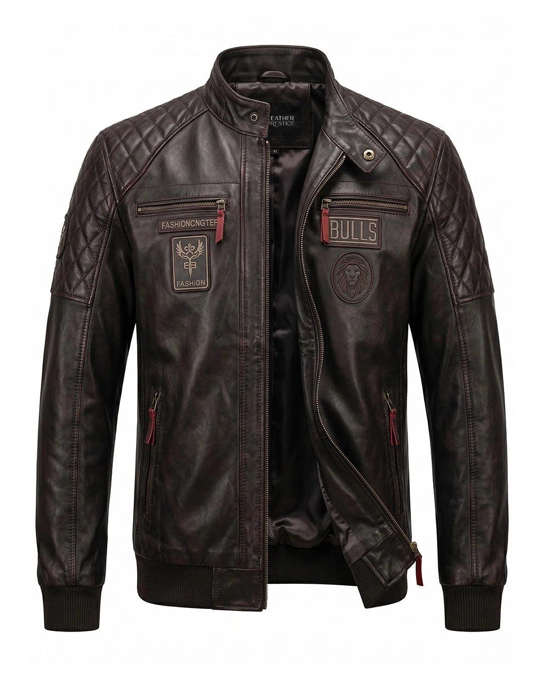 Dark brown leather jacket with visible branding on a white background