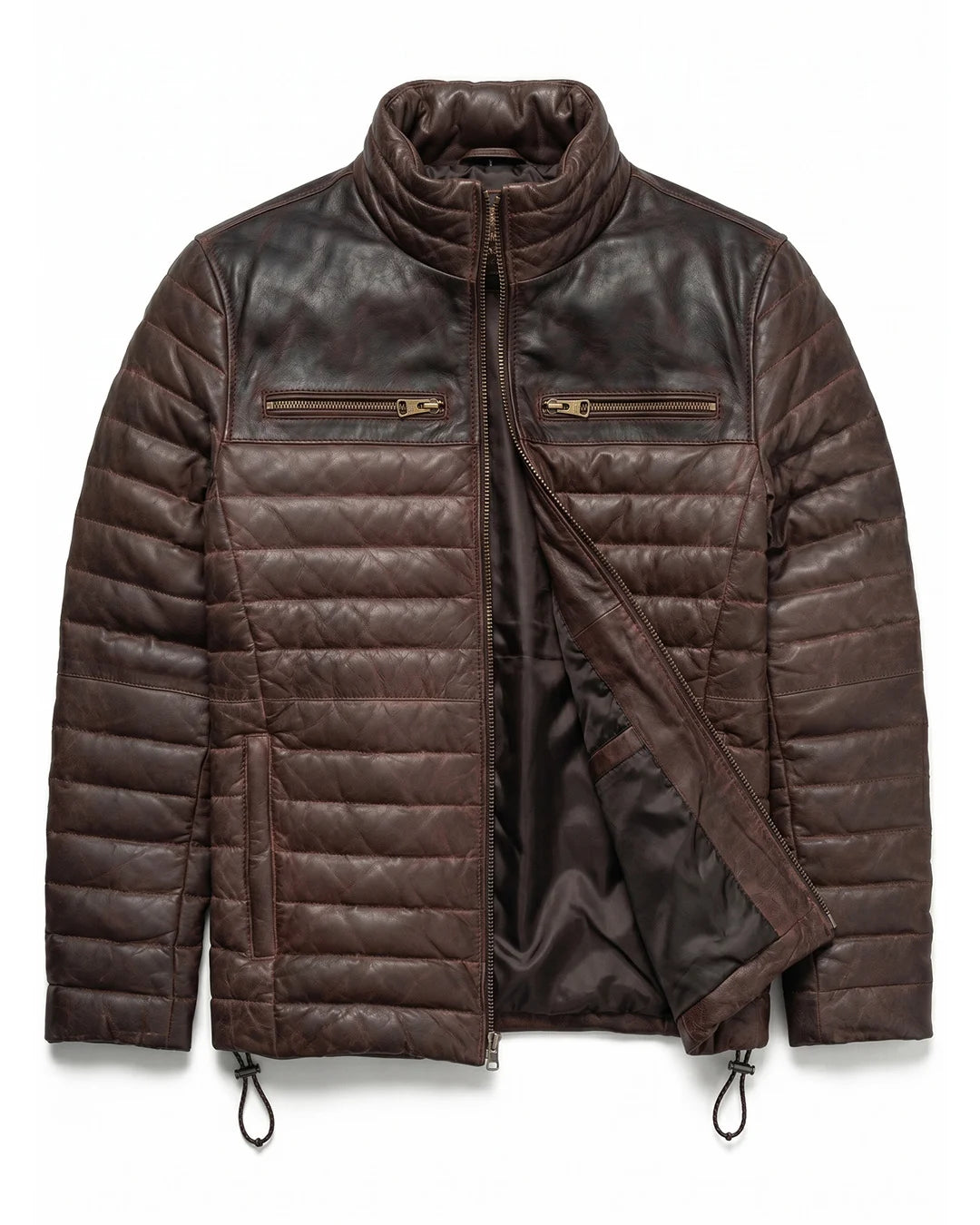 Brown leather jacket with quilted design on a white background