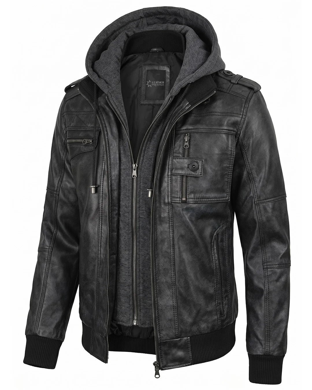 Black leather jacket with a hood on a white background