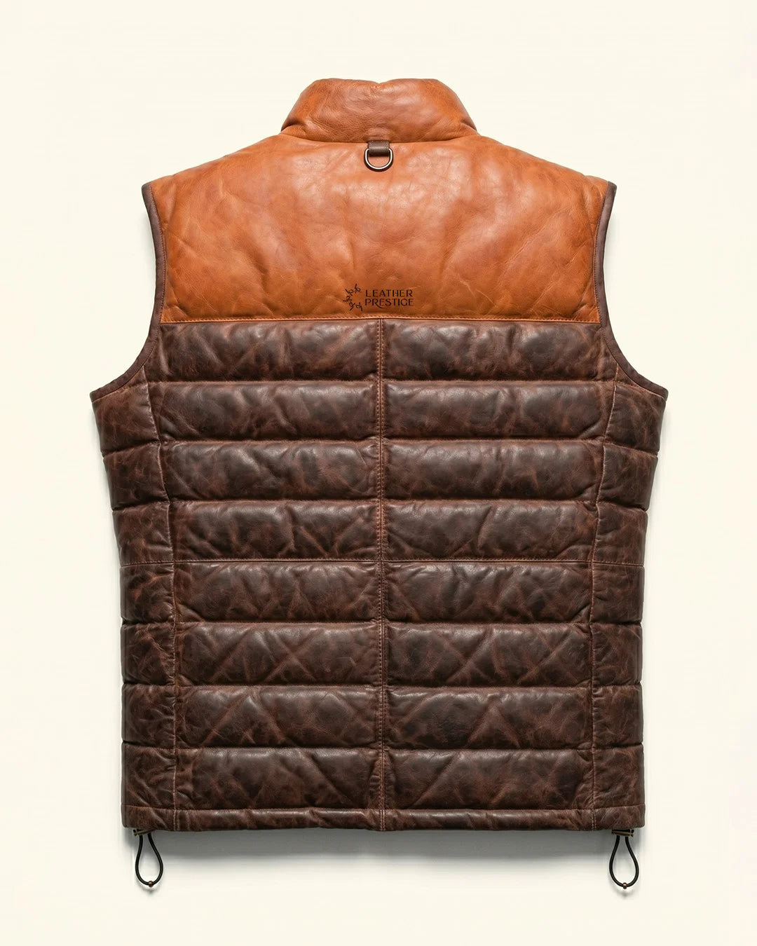 Brown quilted vest with leather collar on a white background