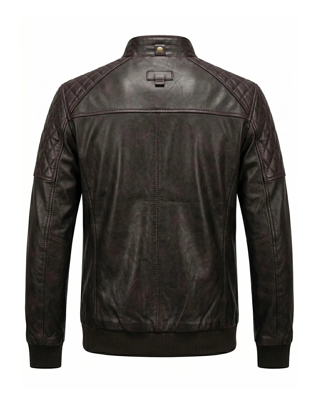 Dark brown leather jacket on a white background