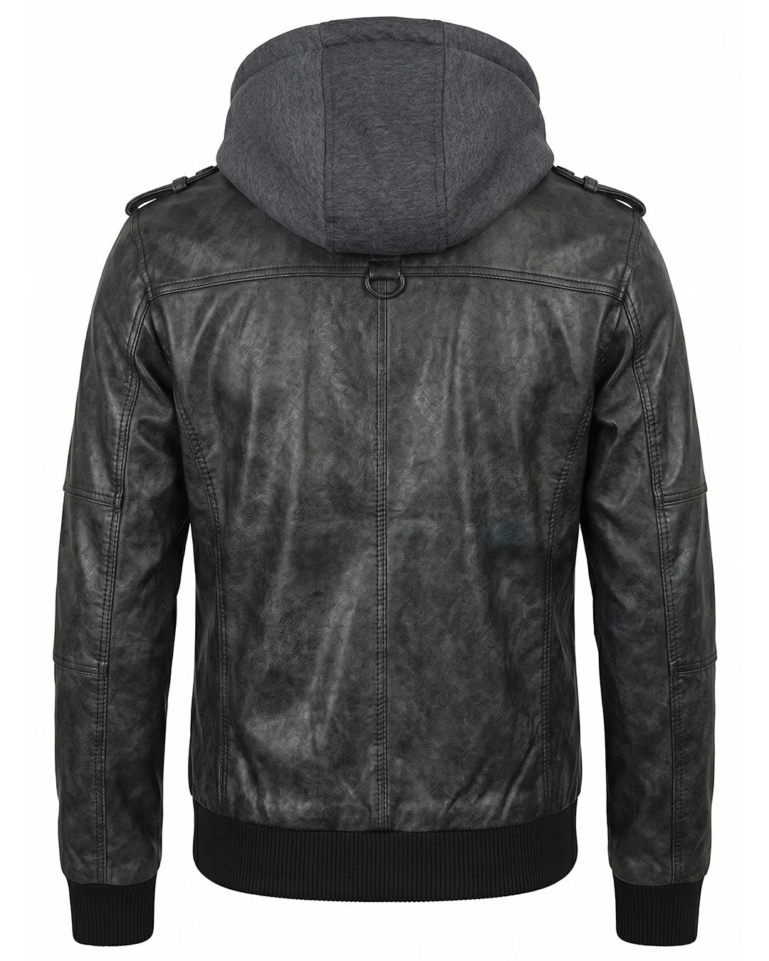 Black leather jacket with a hood on a white background