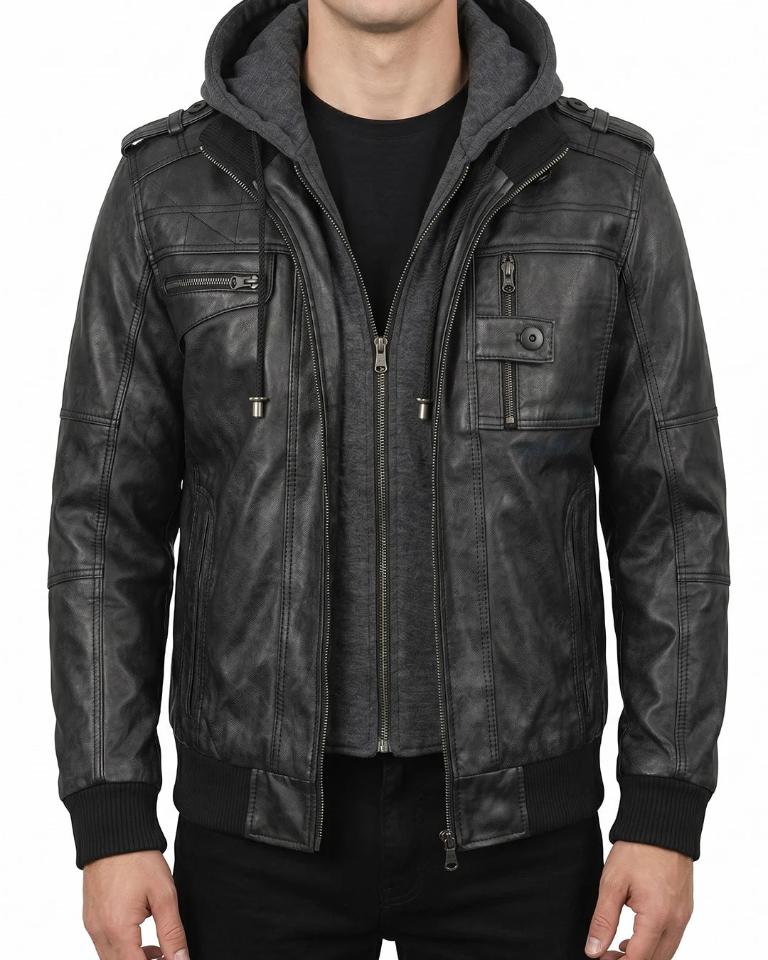 Men's Black Leather Bomber Jacket with Removable Hood - Image 1