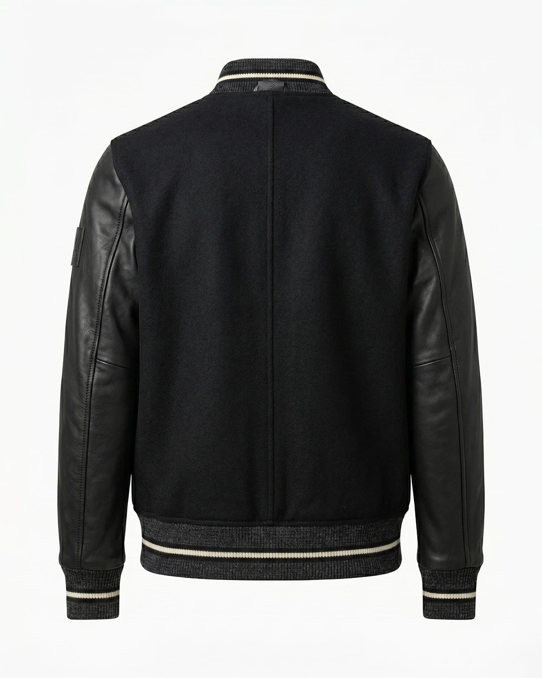 Black leather jacket with white trim on a white background