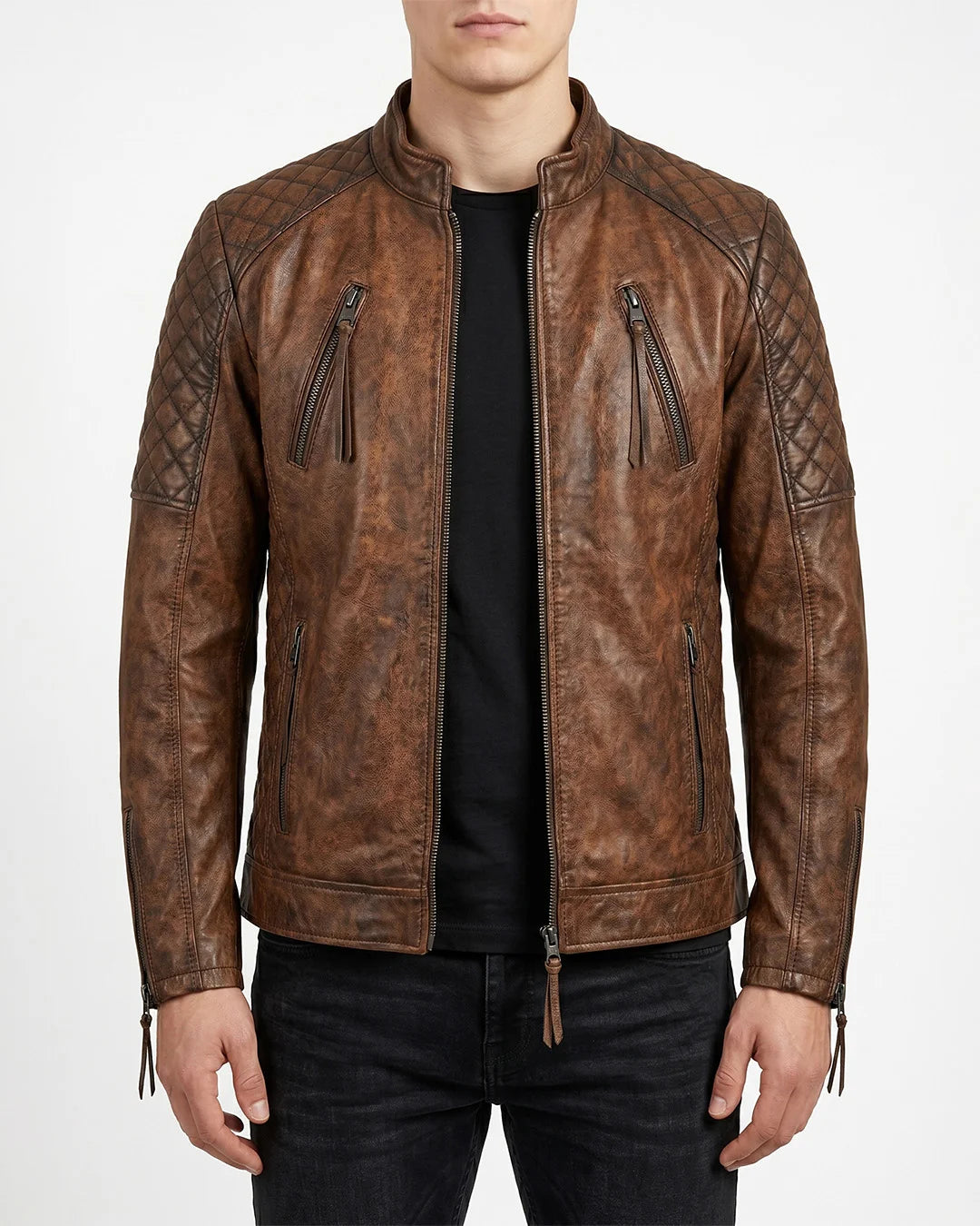 Men's Brown Waxed Leather Cafe Racer Jacket Tassel Zippers - Image 1
