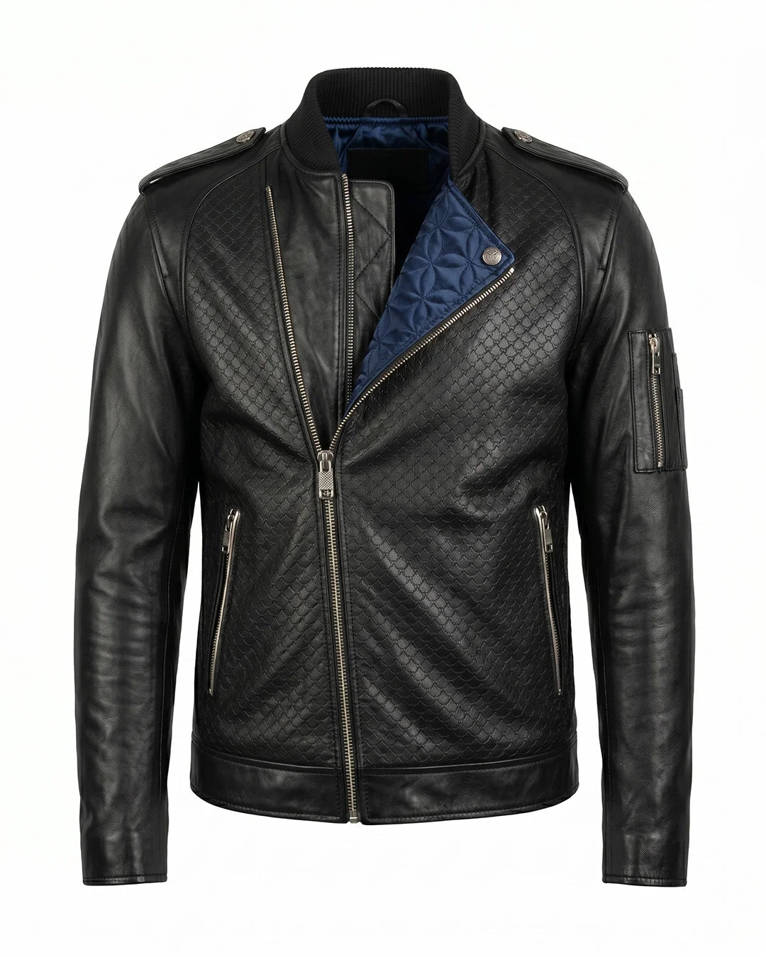 Black leather jacket with blue interior lining on a white background